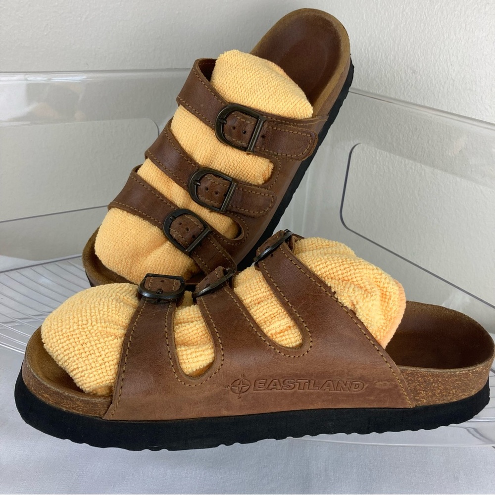 Eastland Brown Leather Triple-Buckle Slide Sandals with Yellow Insole